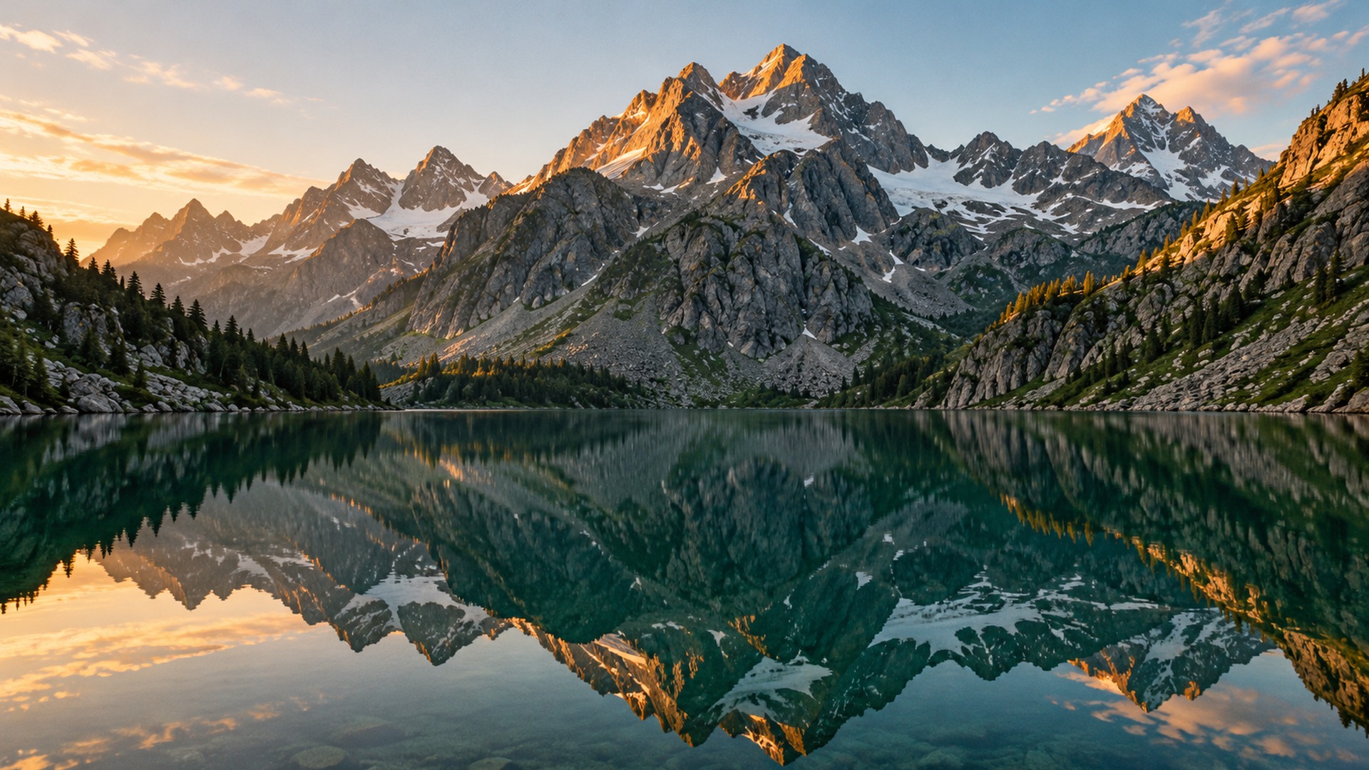 Warm morning light on rugged alpine peaks, reflected in a still green lake.